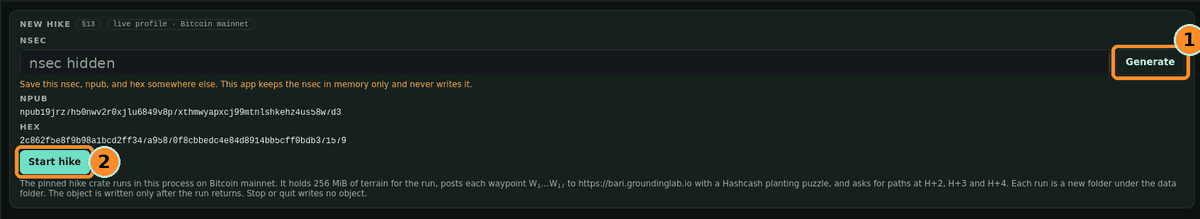 Produce card: Generate next to the NSEC field (hidden here), and Start hike below.