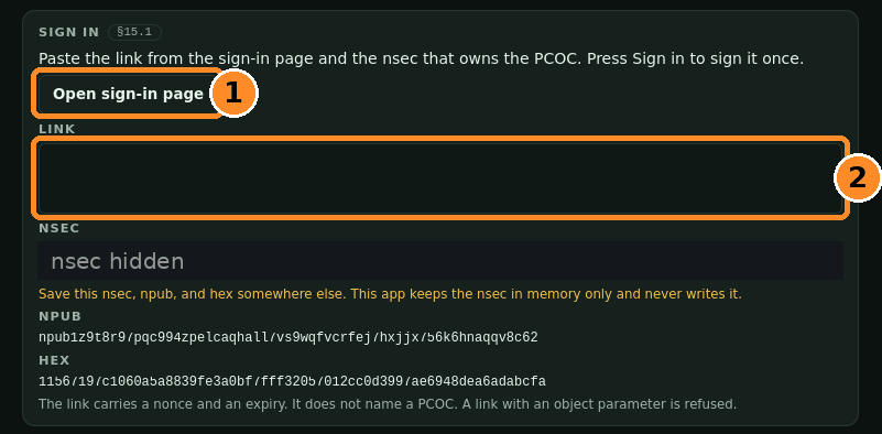 Sign-in screen with Open sign-in page, an empty LINK field and the NSEC field (hidden here).